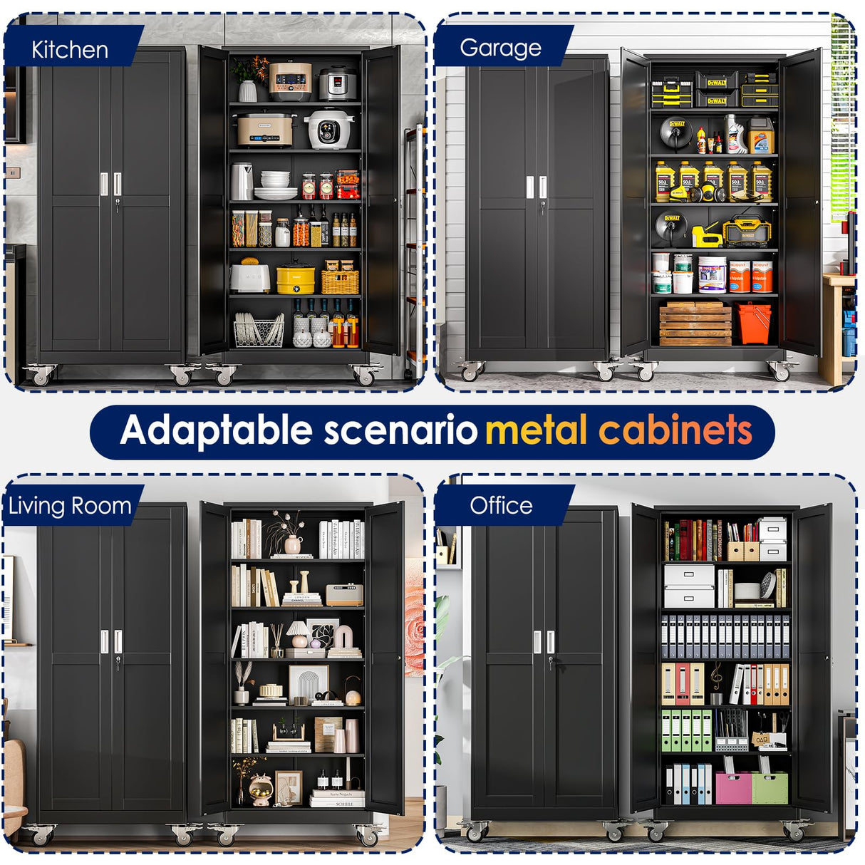 erosoei 75" H Metal Garage Storage Cabinet, Rolling Tool Cabinet with 2 Doors and Wheels, Locker Steel Cabinet with 5 Adjustable Shelves, Organization Cabinet for Garage,Office,Home,Gym,School（Black） erosoei