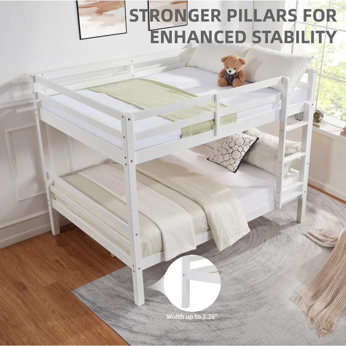 FLEXISPOT Full Over Full Solid Wood Bunk Bed with Thick Posts,Wooden Bunk Bed with High Guardrail and Ladder for Kids, Teens, Dorm Rooms, and Guest Rooms,No Box Spring Needed,White FLEXISPOT