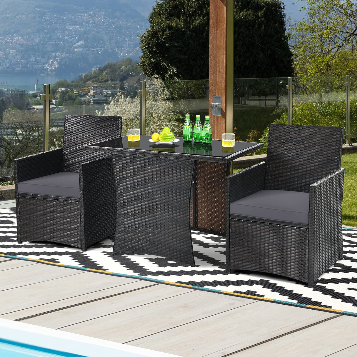 COSTWAY 3PCS Patio Rattan Furniture Set Cushion Sofa Armrest Garden Deck Gray COSTWAY