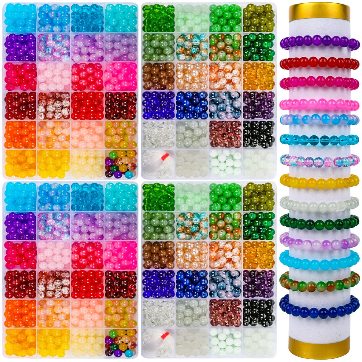 XSEINO 2400 PCS 8mm Glass Beads Bracelet Making Kit, 47 Colors Crystal Beads for Jewelry Making and DIY Crafts，4 Box Round Beads Suitable for Beginners XSEINO