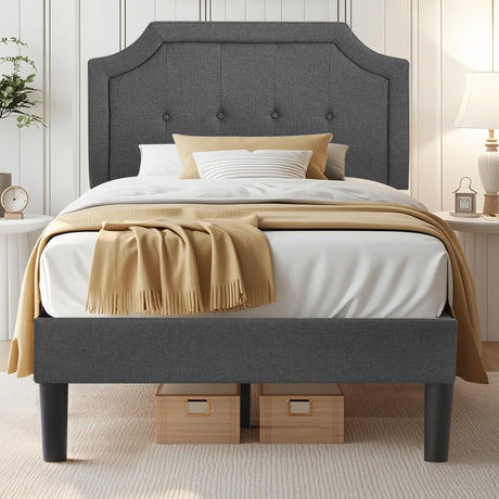 VECELO Twin Size Platform Bed Frame with Fabric Upholstered Headboard and Wooden Slats Support, No Box Spring Needed/Easy Assembly,Grey VECELO