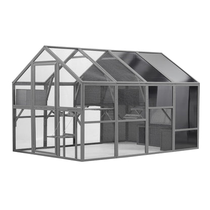 Luxury Cat Cage Outdoor Wooden Catio Enclosure Patio Large Cat Run House for Multiple Pets Walk-in Kitten Kennel with Bouncy Bridge, Platforms, Small Houses, Seating, and Sunshine Panel (Grey - WoodArtSupply