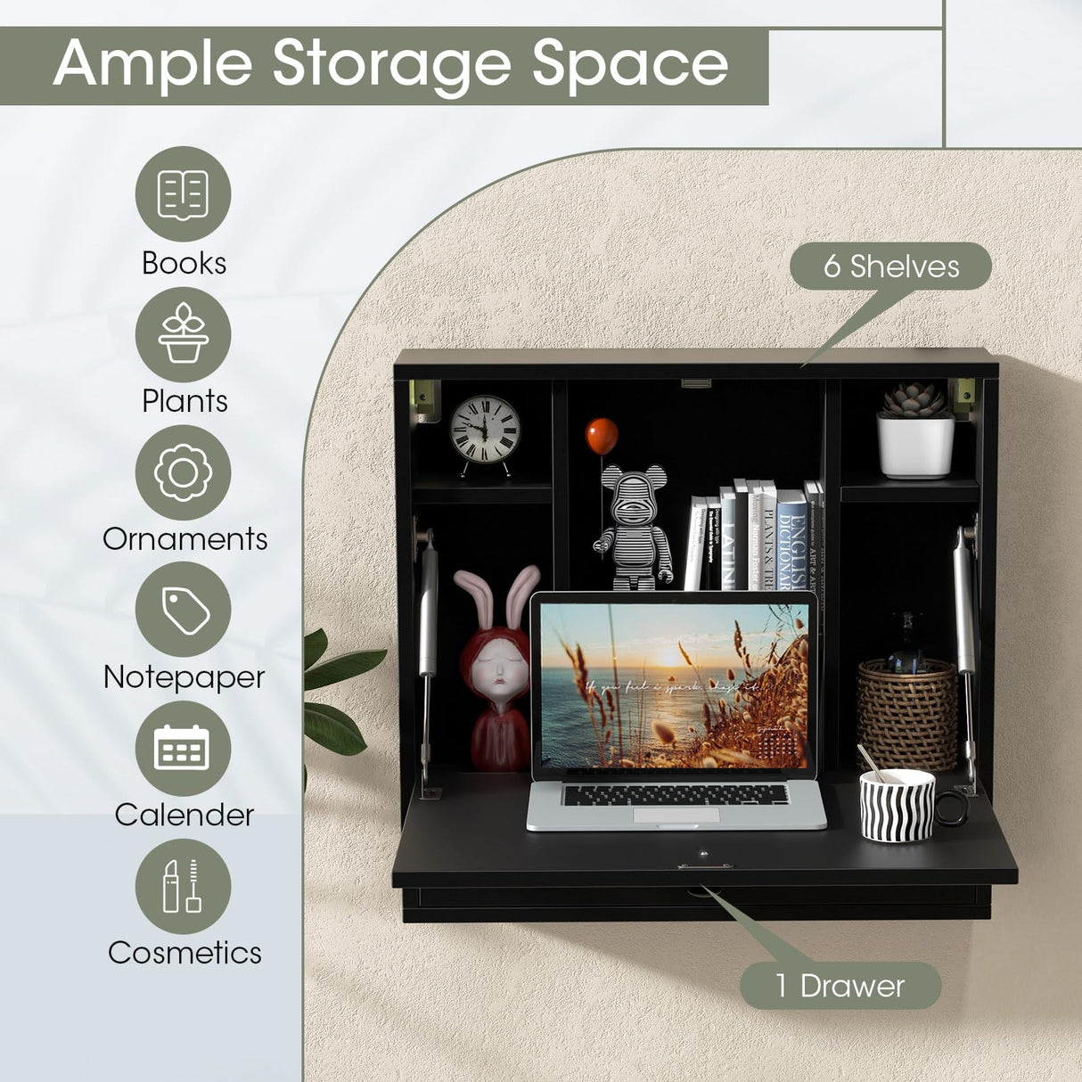 Tangkula Wall Mounted Desk, Multi-Function Floating Desk Wall Mount Laptop Desk, Space Saving Wall Mounted Table Wall Desk with Storage Drawer and Shelves (Black) Tangkula