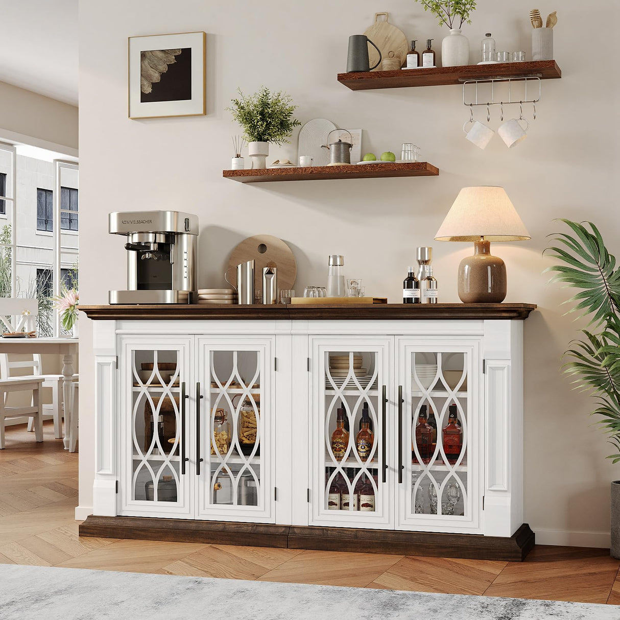 HolliWill 60 inch Farmhouse Buffet Sideboard Cabinet with 4 Glass Doors, Coffee Wine Bar Storage Cabinet, Buffet Table with Adjustable Shelves for Dining Room, Kitchen, Living Room HolliWill