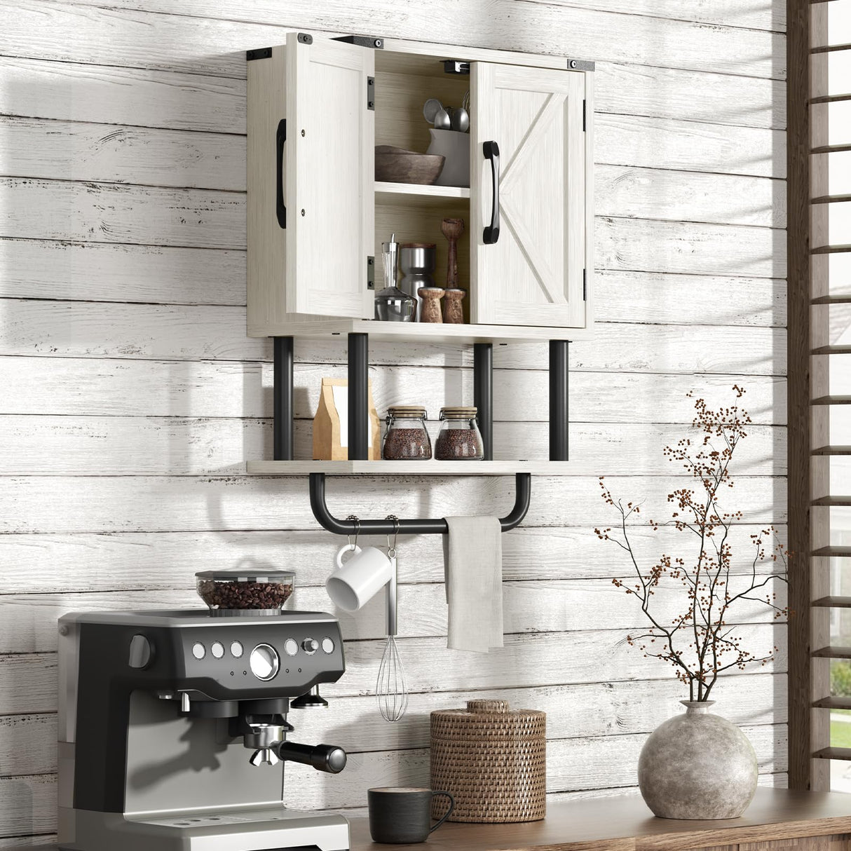 AmazerBath Bathroom Wood Wall Cabinets, Farmhouse Medicine Cabinets Organizer with Towel Bar, Hanging Small Storage Cabinet with Adjustable Shelf, 2 Doors Wall Organizer Cabinet for Small Spaces AmazerBath