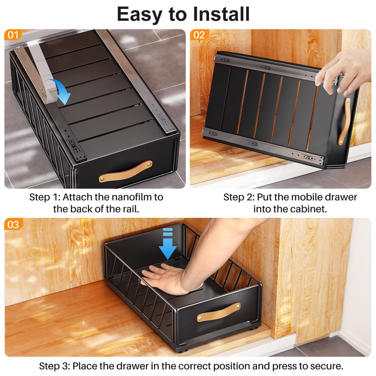 Pull out Cabinet Organizer Fixed with Adhesive Nano Film,Heavy Duty Slide out Pantry Shelves Drawer Storage,Sliding Mesh Cabinet Basket with Handle for Kitchen, Bathroom,Home, 11.8"W X15.7"D X6.2"H Kitstorack