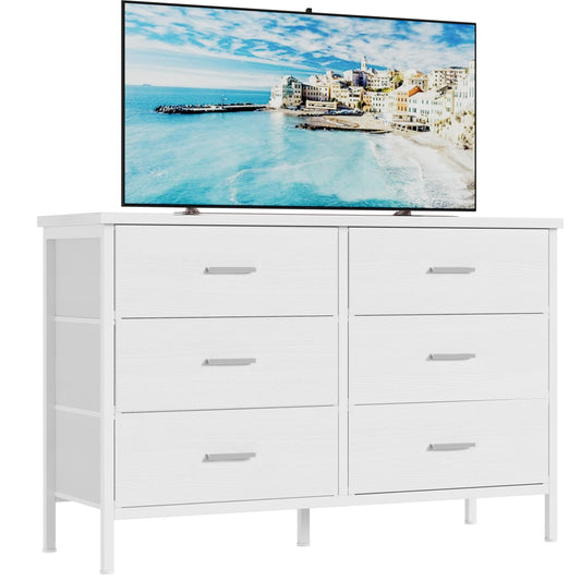 BOLUO White Dresser for Bedroom 6 Drawer,Wide Dresser TV Stand for 50" TV Dressers & Chests of Drawers Fabric Dresser for Closet Modern