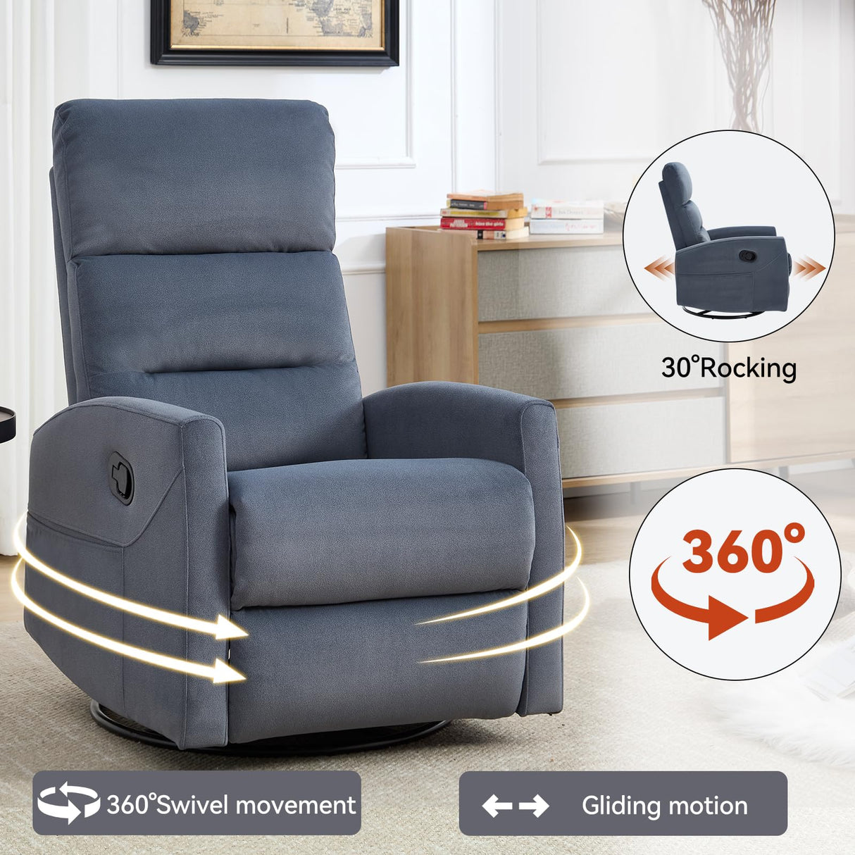PELUMY Manual Recliner Chair with 360° Swivel & Rocking, Fabric Recliner for Living Room, Bedroom, Nursery, No Tools Assembly, 155° Recline, Compact for Small Spaces（Blue Grey） PELUMY