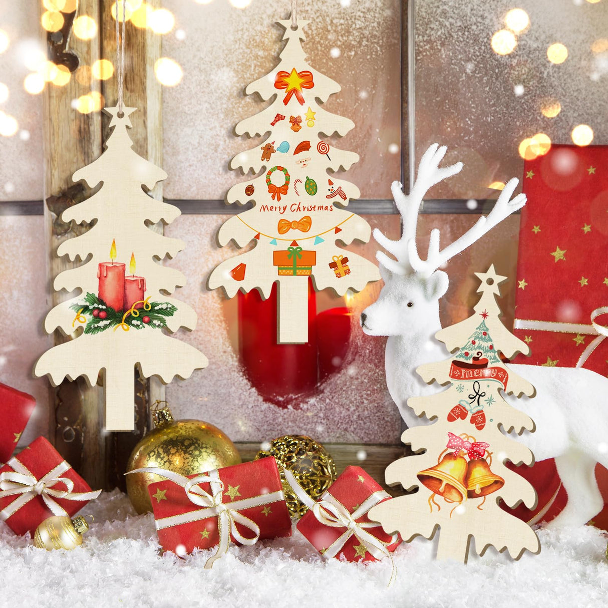 Wooden Christmas Ornaments to Paint Christmas Tree Decoration Cutouts Unfinished 3Pack 7 inches, Wood DIY Blank Christmas Tree Table Sign Ornament for Home Crafts Hanging Decoration with String Base Sophena