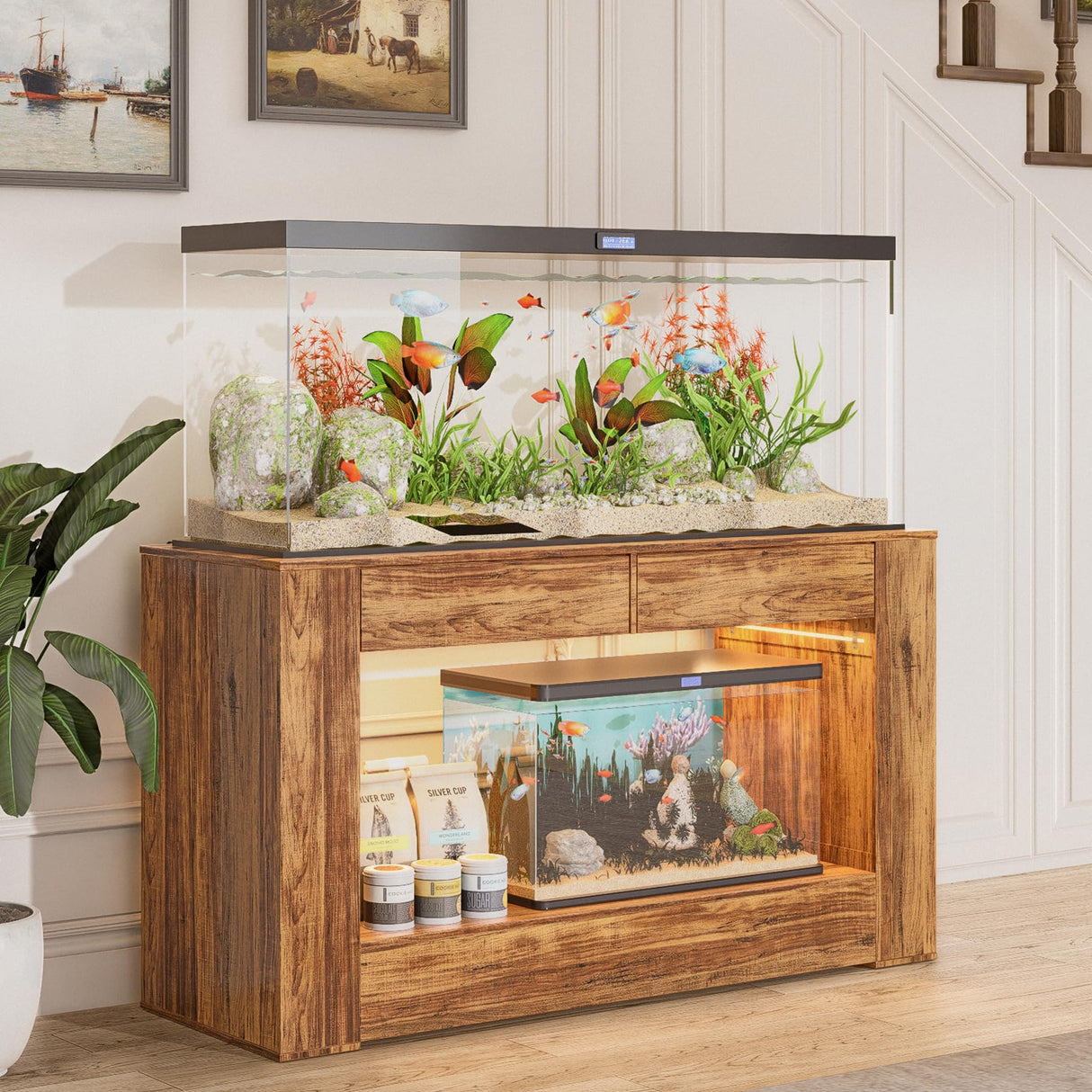 FUXJUM 55-75 Gallon Fish Tank Stand with Power Outlets & LED Light and Drawers,1000LBS Capacity,Aquarium Stand with 55.1" L*18.5" W Tabletop Suitable for Turtle Tank, Reptile Terrarium FUXJUM