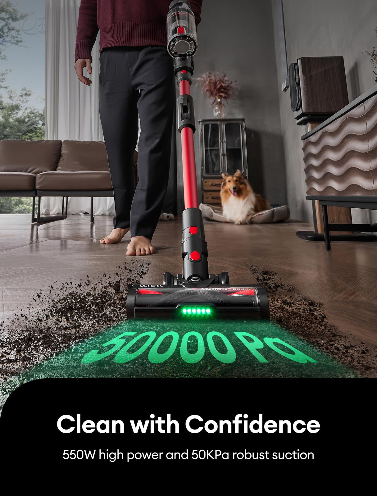 Ultenic Cordless Vacuum Cleaner, 550W/50Kpa, 60Mins Runtime, Stick Vacuum Cordless Rechargeable with 180°Bendable Wand, Anti-Tangle Brush, Vacuum Cleaners for Home/Pet Hair/Carpet/Floor U16 Ultenic