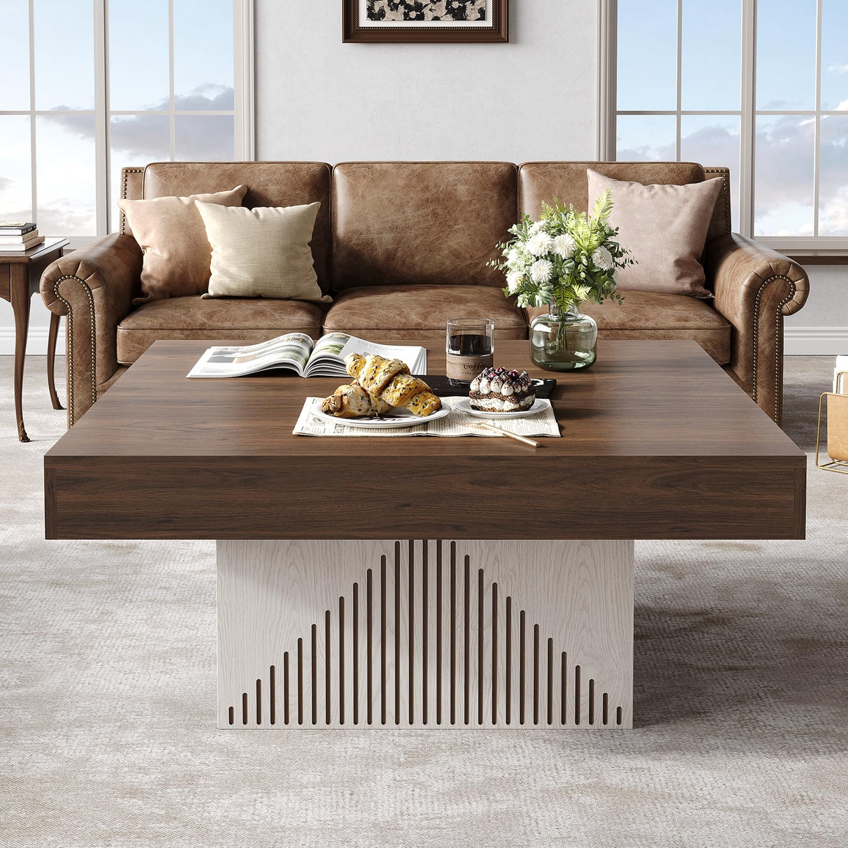 ONBRILL Coffee Table, Square Coffee Table with LED, Wood Low Coffee Table for Living Room, Center Table for Living Room, Natural Wood Grain - Rustic Brown+White ONBRILL