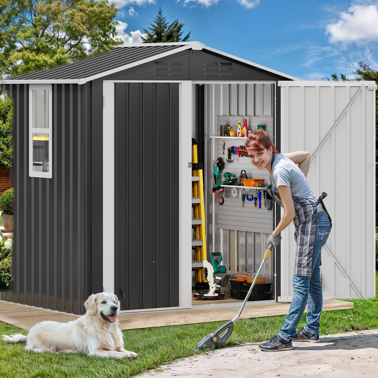 DWVO 6x4ft Outdoor Storage Shed with Window, Metal Lockable Metal Garden Shed with Sloped Roof for Tools, Bikes, Ideal for Backyard, Patio, Garage, Lawn (Gray + White) DWVO