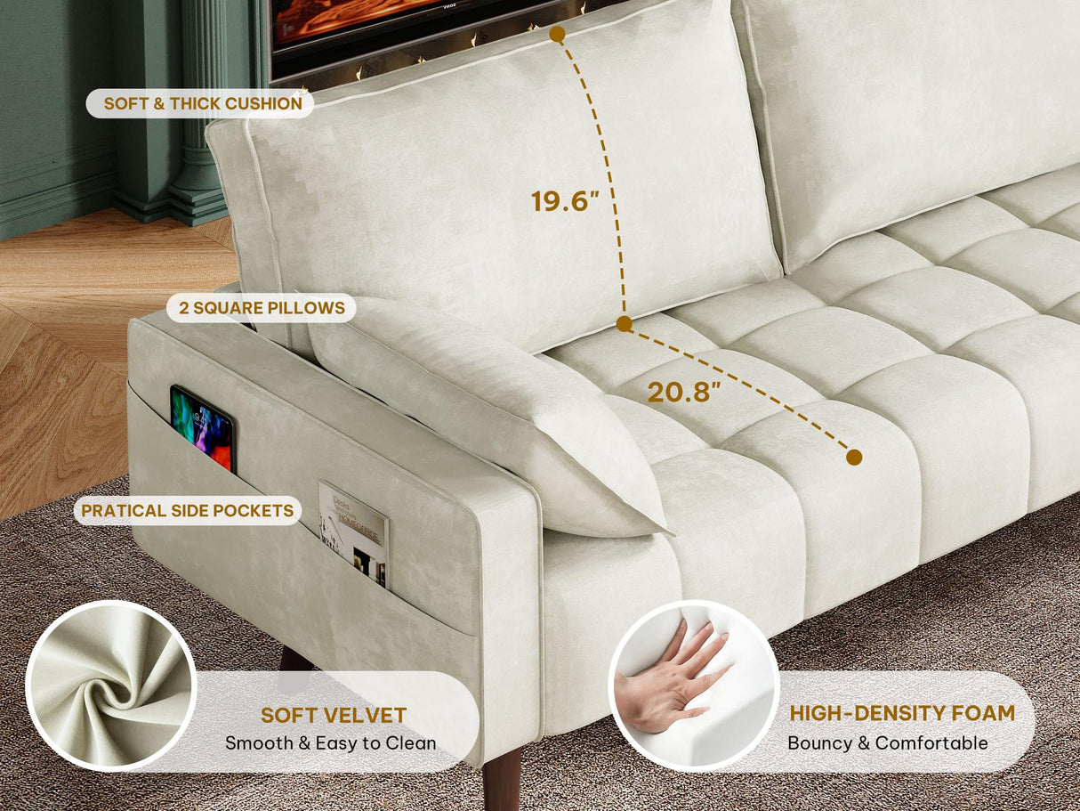 YITAHOME 56" Loveseat Sofa, Velvet Fabric Sofa Couch for Small Space, Modern Loveseat with Button Tufted Seat and Side Storage Pockect, 2 Seater Couch for Living Room Bedroom, 2 Pillow Included, Beige YITAHOME