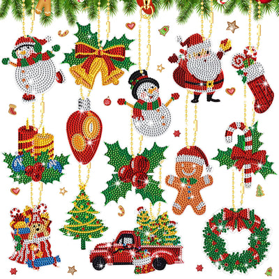 Equsion 14 Pcs Diamond Art Christmas Ornaments Christmas Diamond Painting Keychains Kits 5d DIY Hanging Double Sided Diamond Art Key Ring Painting Key Chain Family Decor Rhinestone Pendant