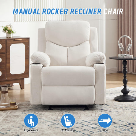 Sftaiyou Manual Rocker Recliner Chair for Adults with Vibration Massage,Glider Rocking Recliner Chairs for Living Room Bedroom Overstuffed Soft Reclining Sofa Chair with Pockets and Cup Holds (Beige) Sftaiyou