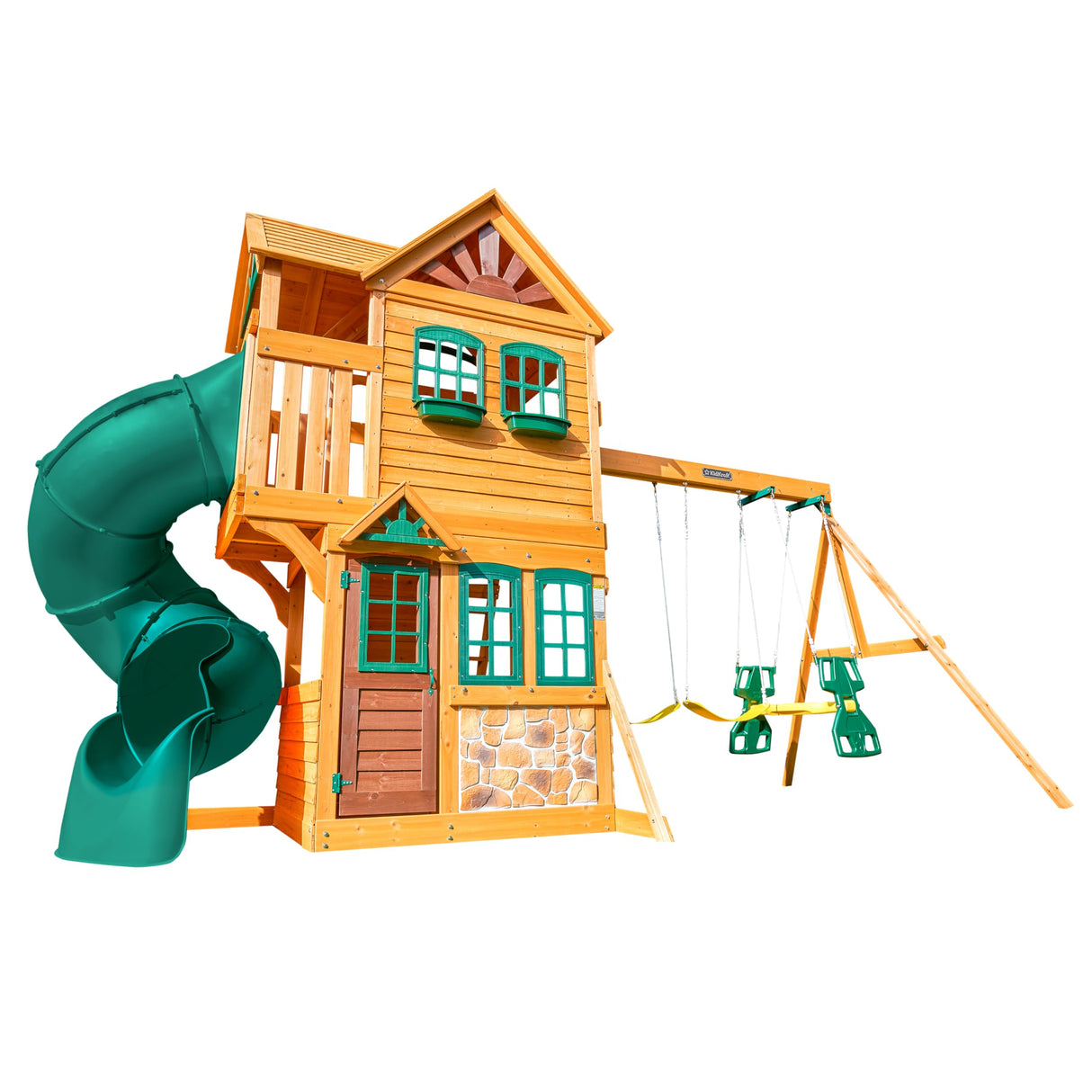 KidKraft Buffalo Crossing Wooden Swing Set with Playhouse, Rock Wall, Tube Slide and Glider KidKraft