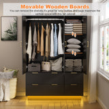 PAKASEPT Large Wardrobe Closet, Armoire Closet with Door and Mirror, LED Lights, Hanging Rod, Drawers, Armoires and Wardrobes for Bedroom (Black) PAKASEPT