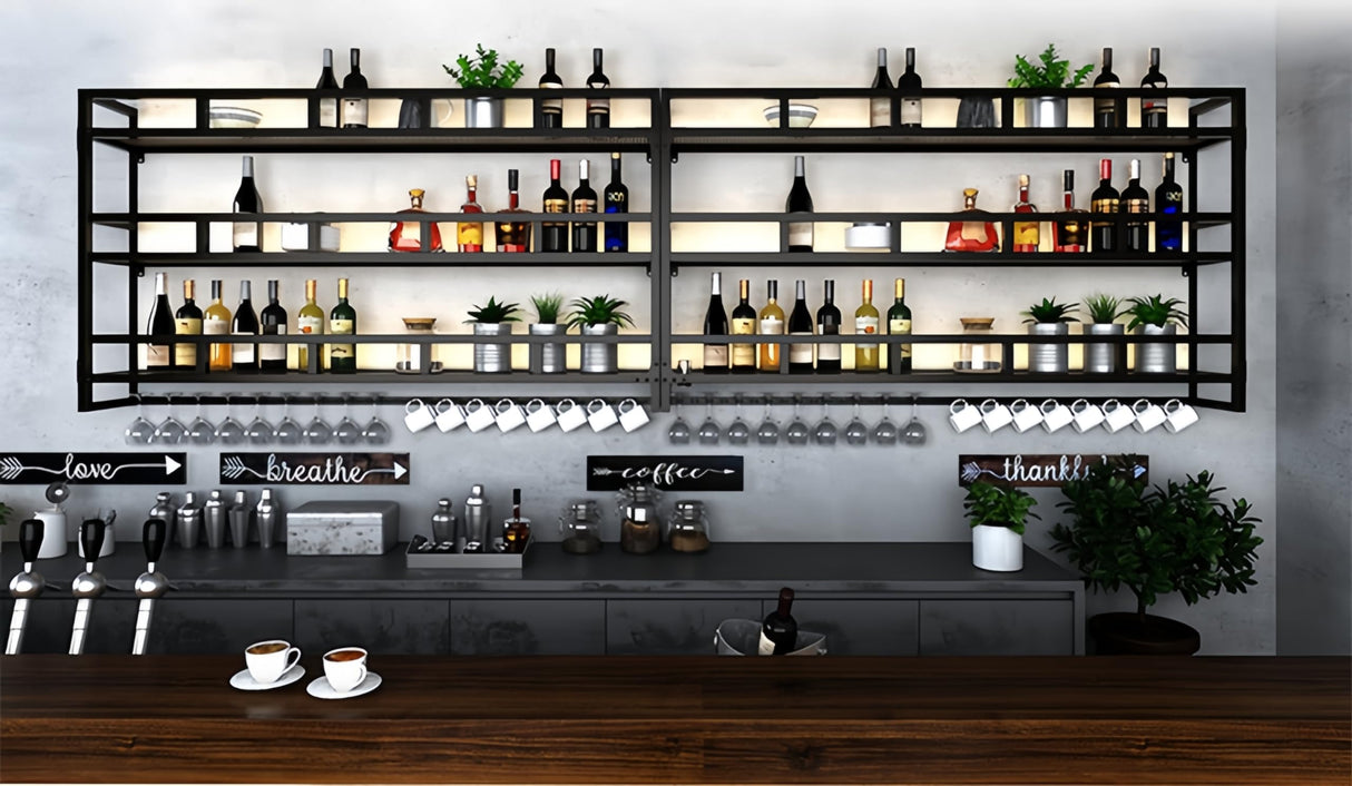 HFTUW 3-Tier Wall Mounted Wine Rack with LED Light, Stylish Wall Bar Shelves for Liquor Bottles & Hanging Glasses, Bar Shelves Wall Mounted for Kitchen, Dining Room & Home Bar(Black, 120cm/47in) HFTUW