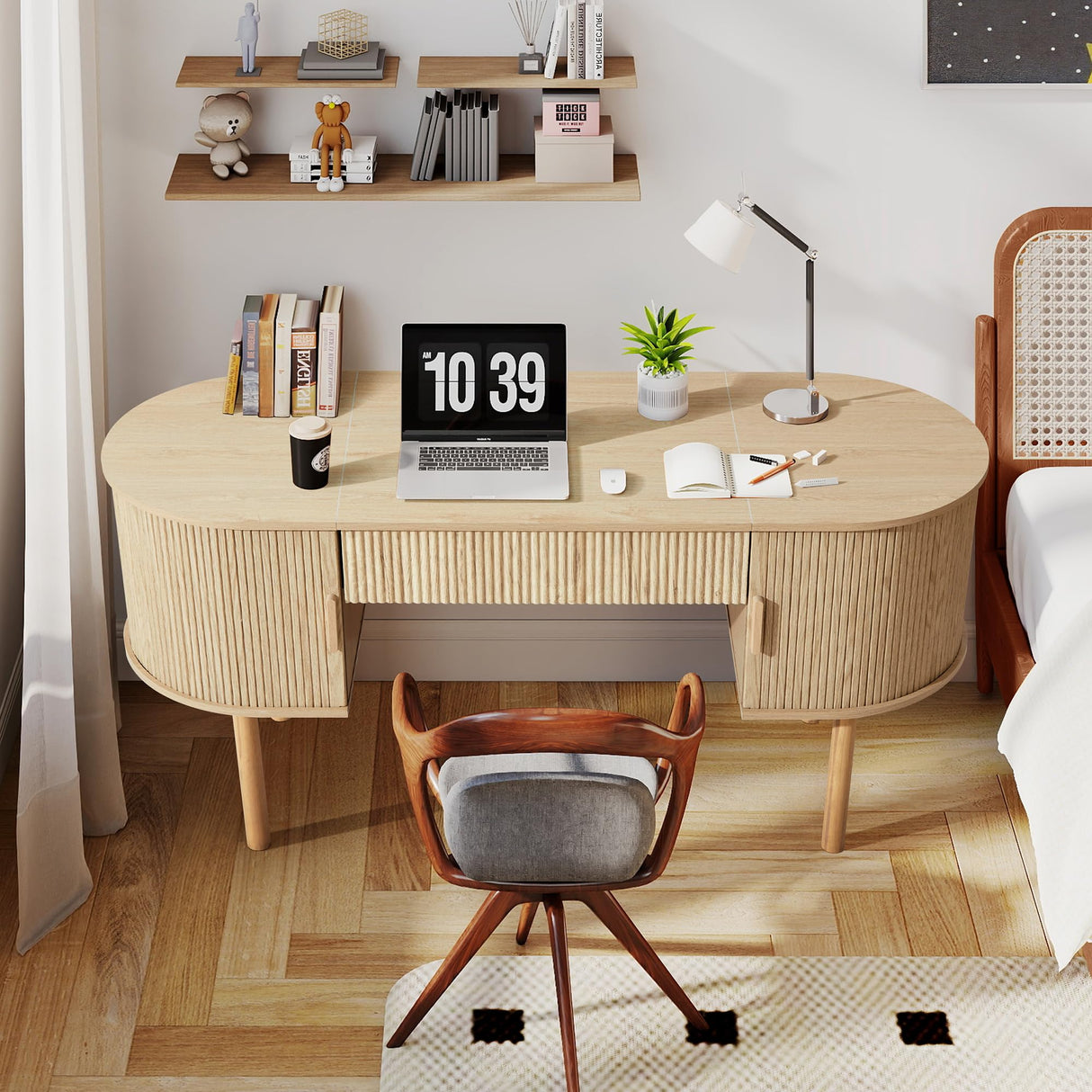 Home Office Oval Desk with Sliding Tambour Door and Drawer, Modern Fluted Wood Executive Computer Storage Desk for Study, Living Room, Bedroom, Office - Natural ORRD