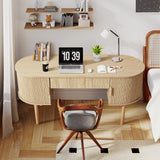 Home Office Oval Desk with Sliding Tambour Door and Drawer, Modern Fluted Wood Executive Computer Storage Desk for Study, Living Room, Bedroom, Office - Natural ORRD