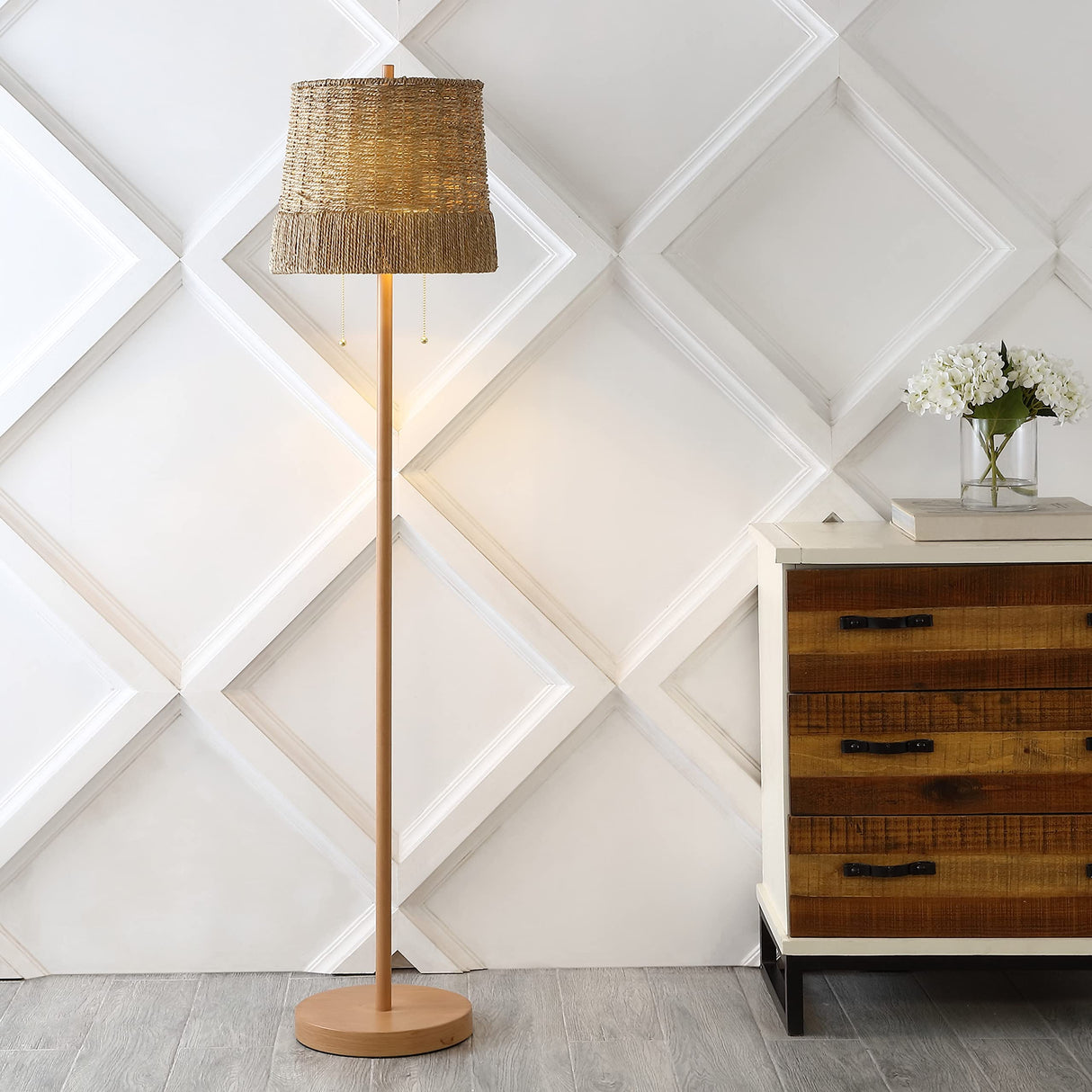 JONATHAN Y JYL3091A Ocata 61" 2-Light Coastal Bohemian Iron/Rattan LED Floor Lamp with Pull-Chain Farmhouse, Rustic Standing Reading Lamp LED Bulb Included, Brown Wood Finish JONATHAN Y