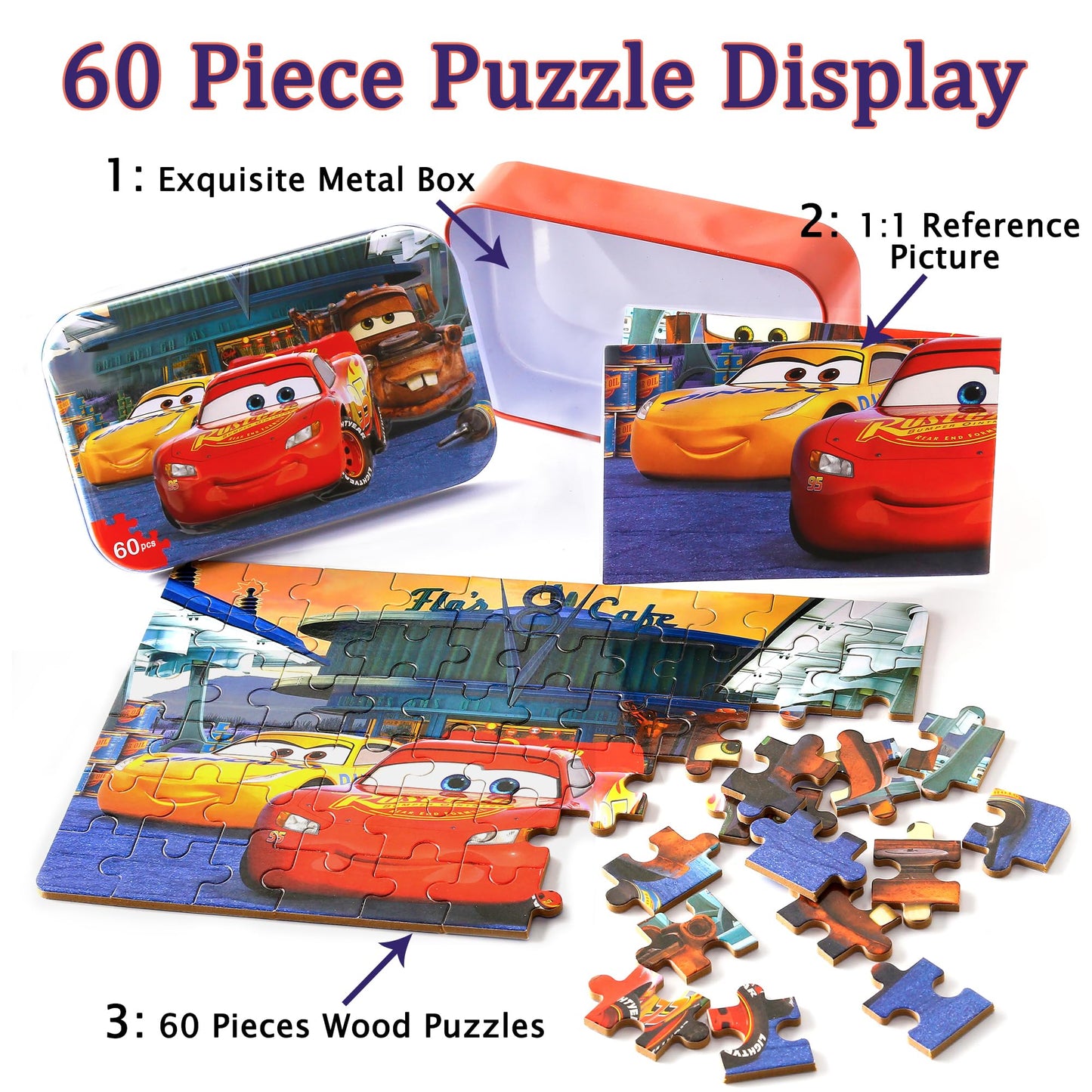 LELEMON Car Jigsaw Puzzles in a Metal Box 60 Pieces Lightning Jigsaw Puzzle for Kids Ages 4-8 Children Learning Educational Puzzles Toys