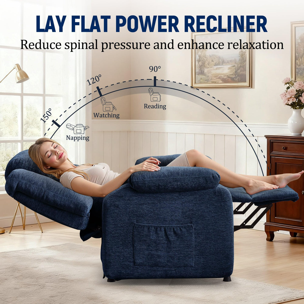 Korser Power Recliner Chair for Adults, Oversized Electric Recliner with Thickened Cushions, Chenille Fabric Reclining Chair for Living Room, Bedroom, Blue Korser