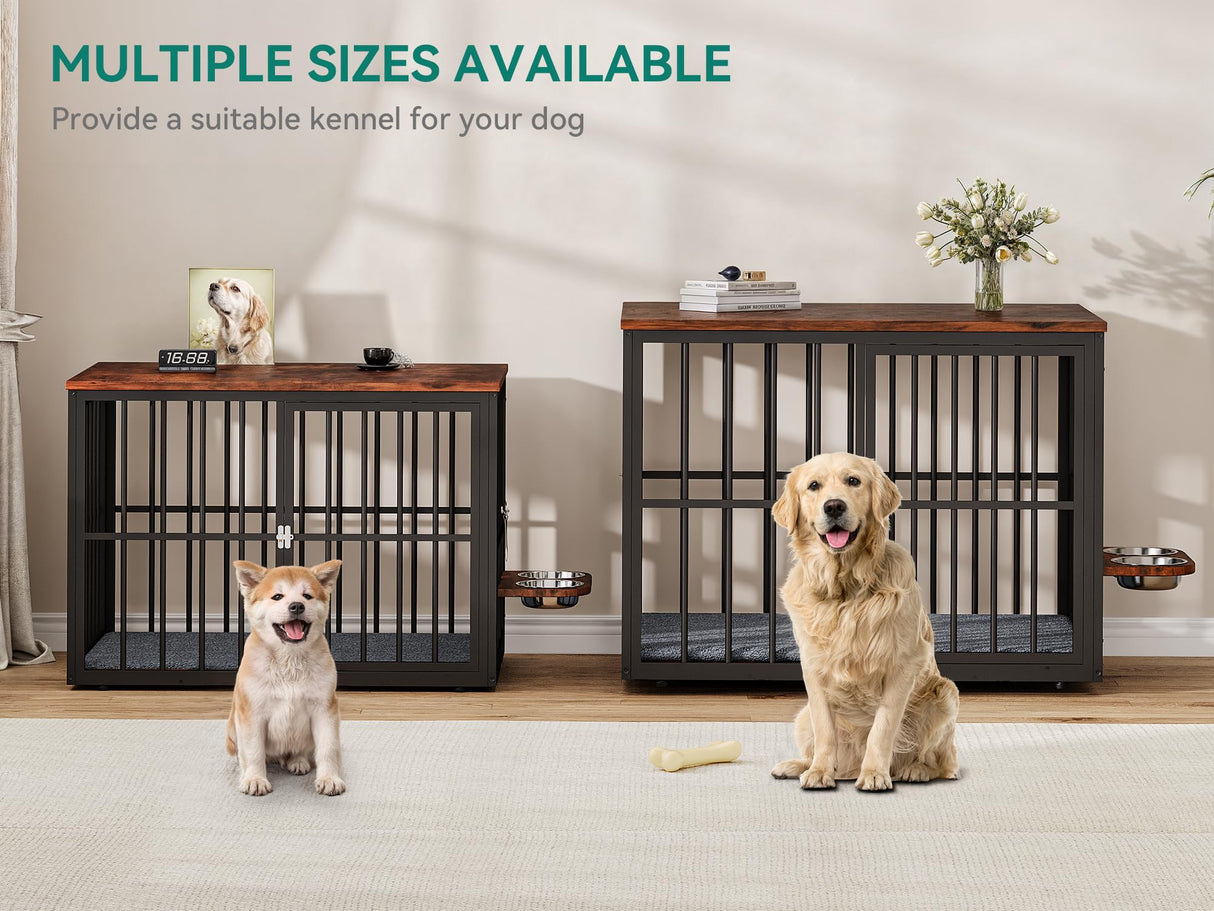 YITAHOME 88.6" Large Corner Dog Crate Furniture for 2 Dogs, Large Wooden Dog Kennel with Dog Bowls & 3 Doors, Large Double Dog Crate Furniture TV Stand for Medium Large Dogs, Brown YITAHOME