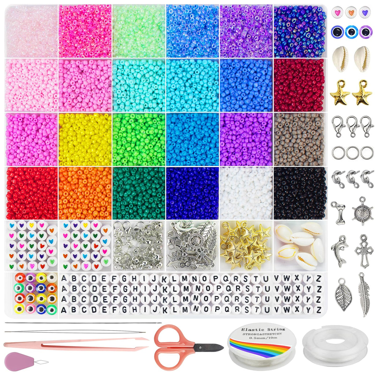 Redtwo 8000pcs 3mm Glass Seed Beads for Bracelet Making Kit, Small Beads Friendship Jewelry Making Kit, Tiny Waist Beads with Letter Beads and Elastic String, DIY Art Craft Girls Gifts. Redtwo