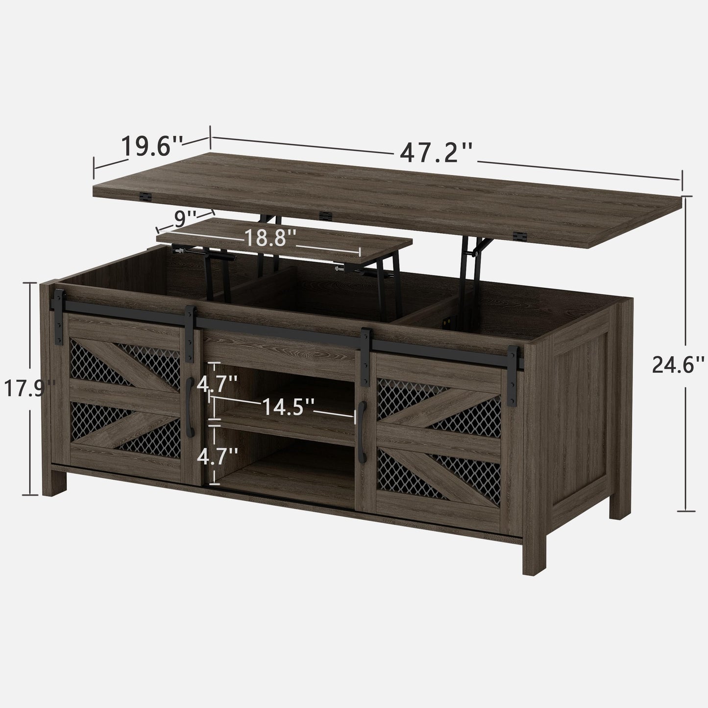 wanan 47.2" Lift Top Coffee Table, 4 in 1 Farmhouse Coffee Table with Sliding Barn Doors, Coffee Tables for Living Room, Dining Room (Grey)