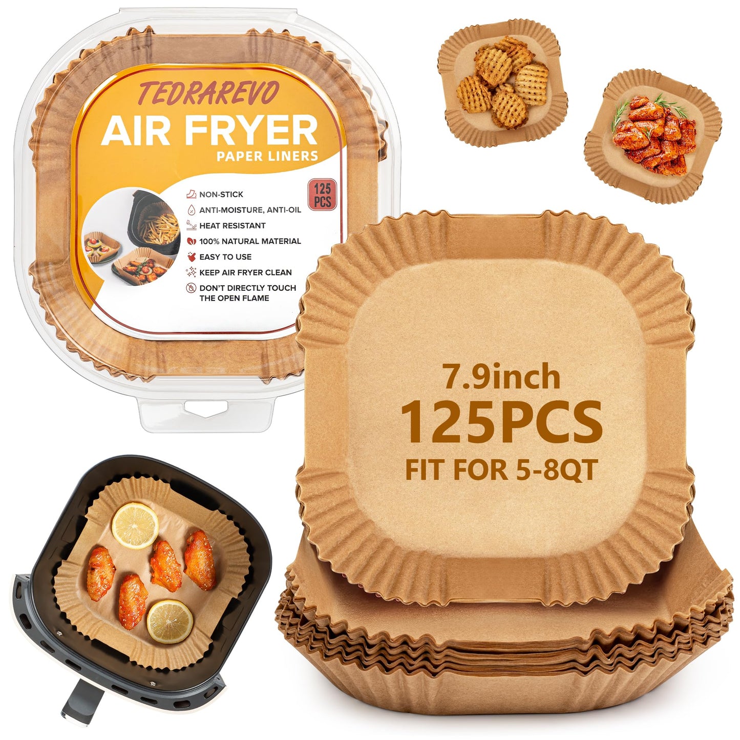 Air Fryer Liners Disposable - 125 Pcs 8IN Square Parchment Paper Sheets, Non-Stick, Oil-Proof Baking Paper for Easy Cleanup, Food-Grade Airfryer Accessories for 5-8 QT Basket, Heat-Resistant to 450°F