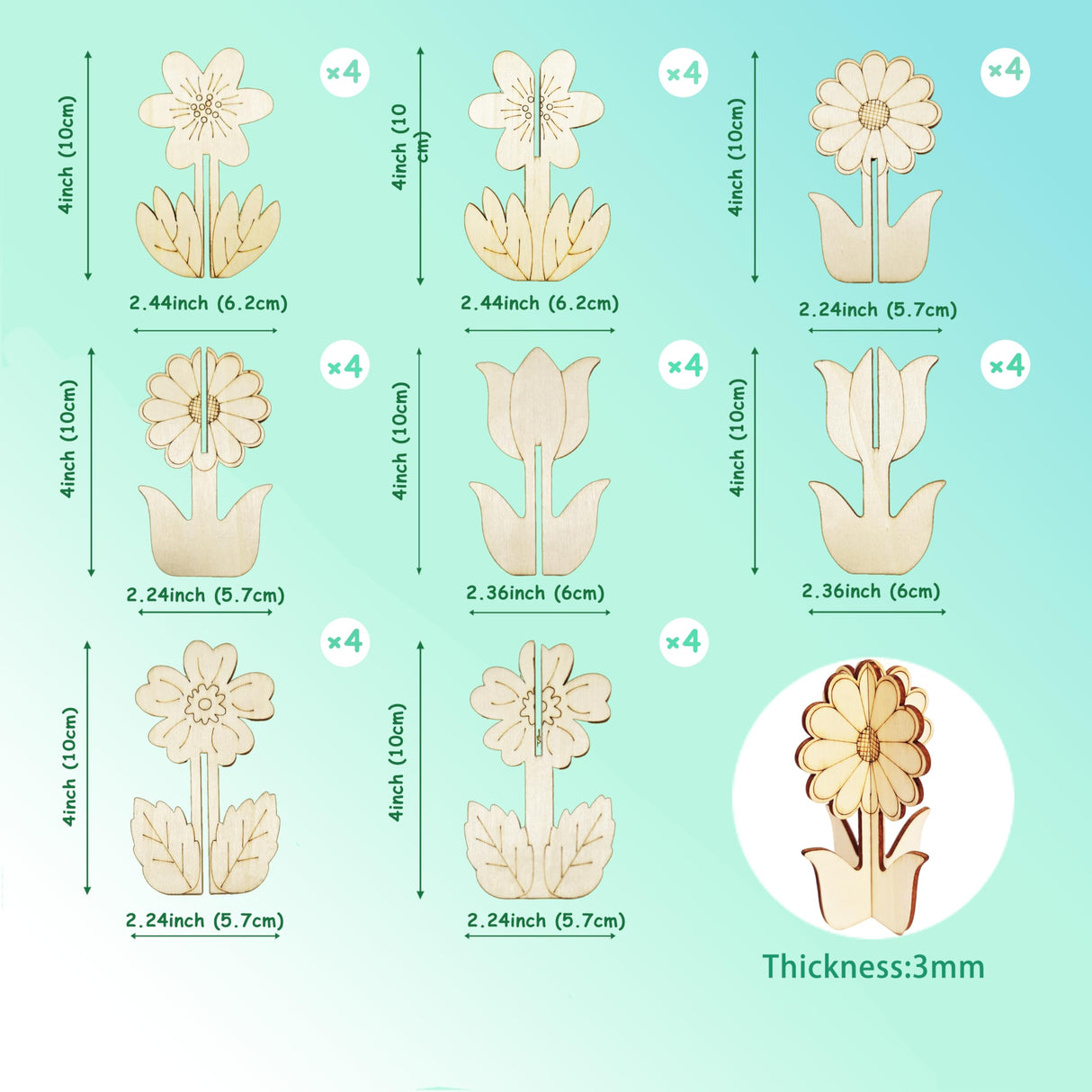 BENIMUS DIY 3D Flower Spring Wood Crafts to Paint, Spring Unfinished Wooden Slices for Craft, Flowers Ornaments for Painting Decorations (32 PCS) BENIMUS