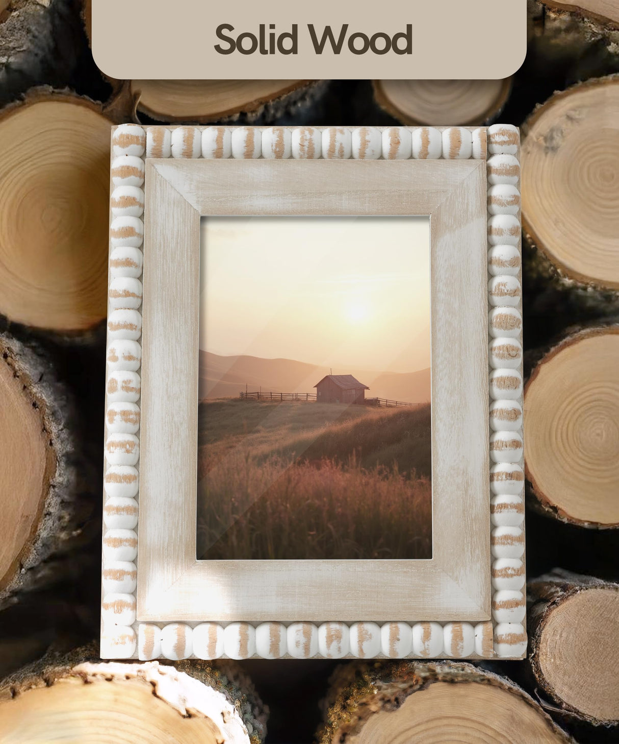 Afuly 5x7 Farmhouse Picture Frame Boho White Beads Photo Frame Wooden Distressed Wall Hanging Desk Standing Decor Artwork Personalized Birthday Gifts for Family, Couple, Friends Afuly