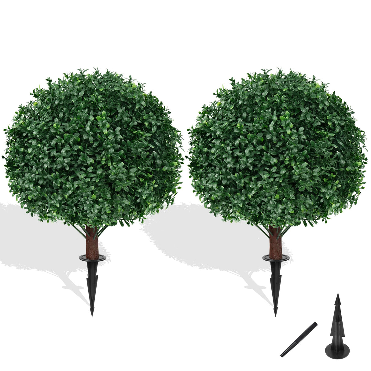 Grooy Artificial Boxwood Topiary Ball Tree with Ground Spike, Set of 2 Artificial Shrub Bushes, Fake Evergreen Tree for Porch, Artificial Plants for Outdoor Planters Indoor UV Resistant Grooy