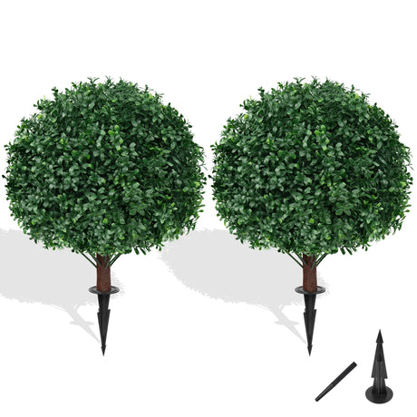 Grooy Artificial Boxwood Topiary Ball Tree with Ground Spike, Set of 2 Artificial Shrub Bushes, Fake Evergreen Tree for Porch, Artificial Plants for Outdoor Planters Indoor UV Resistant Grooy