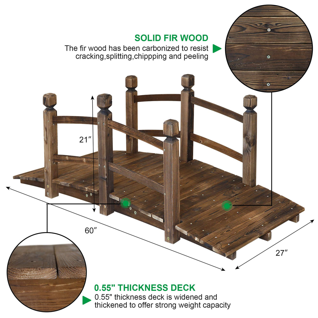 5FT Wooden Garden Bridge Arch Stained Finish Footbridge Decorative Backyard Bridge with Double Safety Railings Outdoor Lawn Pond Bridge Walkway for Garden Yard Patio Courtyard Farm Stream Creek RELIANCER