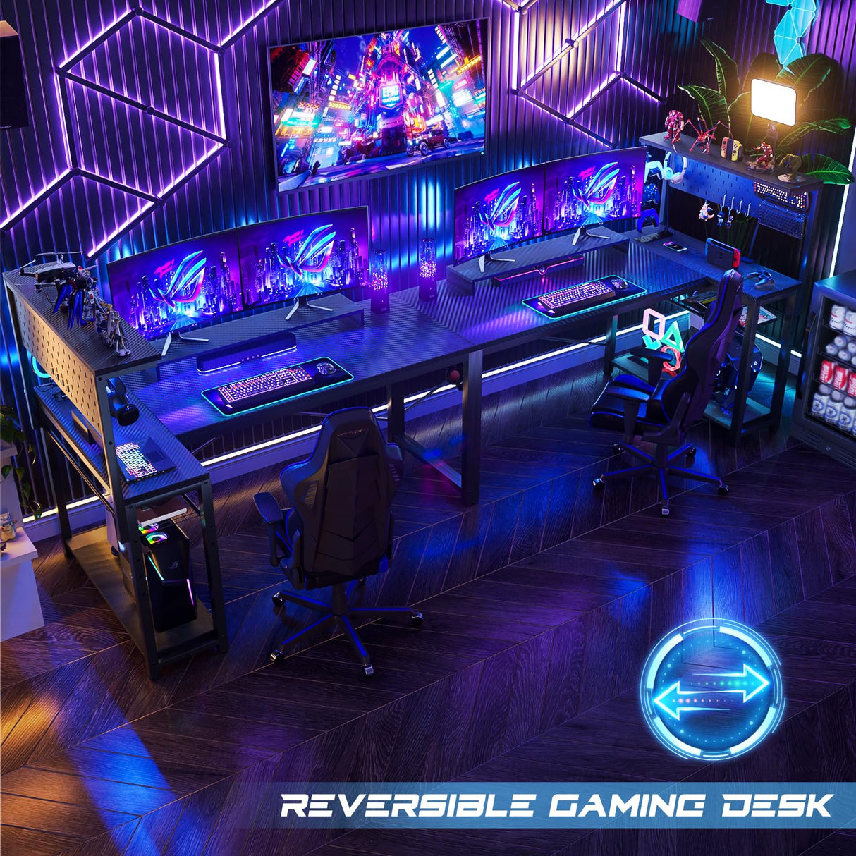 Homieasy Small Gaming Desk with Power Outlets Pegboard LED Light, 51 Inch L Shaped Computer Desk with Monitor Stand Storage Shelves, Reversible Corner Desk with Headset Hooks, Carbon Fiber Black Homieasy