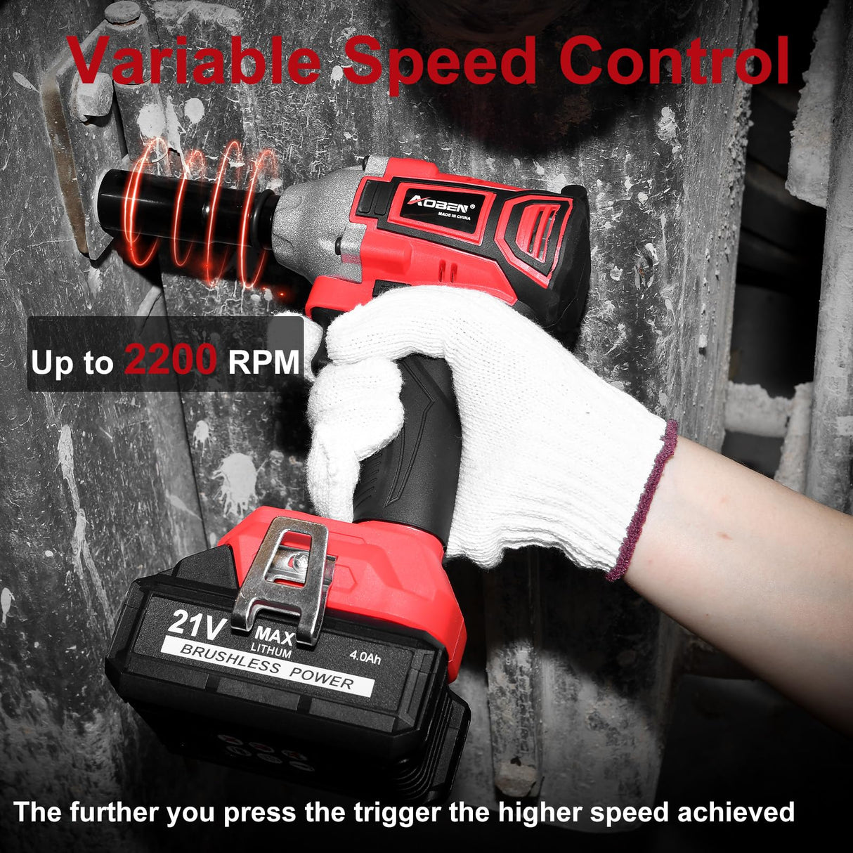 AOBEN Cordless Impact Wrench 1/2 inch,21V 300N.m Brushless Impact Gun with 2X 4.0Ah Battery,Charger & 6 Sockets,Electric Impact Wrench for Car Home (2 battery) Visit the Store AOBEN