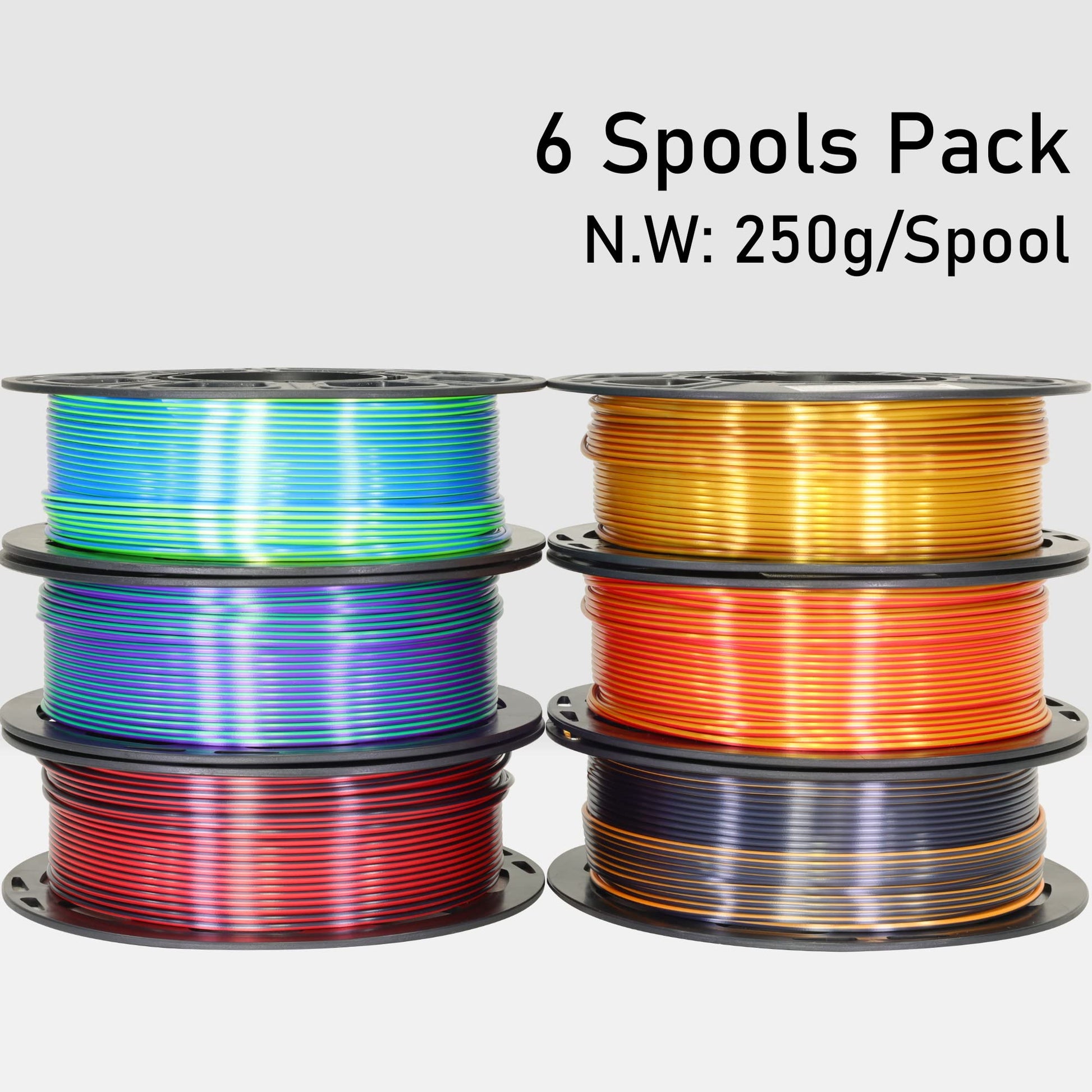 MIKA3D 6 Spools Bicolor Dual Color 1.75mm 3D Printer Filament Bundle, 3D Printing Silk PLA, Silk Black-Purple/Purple-Gold/Black-White/Black-Orange/Red-Blue/Black-Red, 3D Printing PLA 250g X 6 - WoodArtSupply