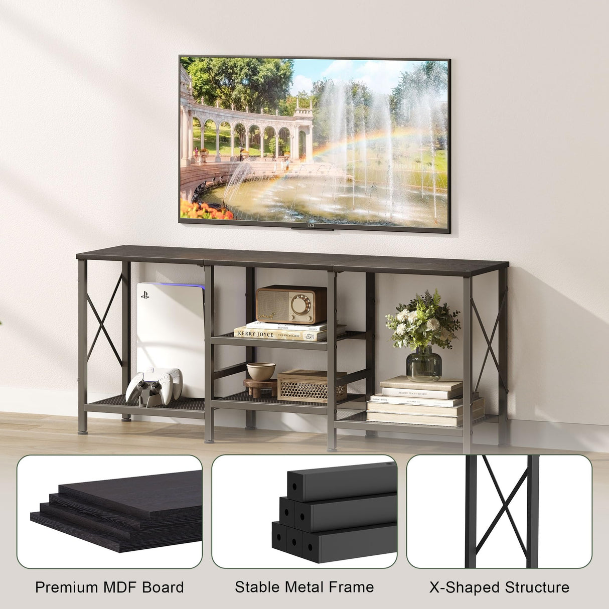 JARHETUN TV Stand for 55 Inch TV, Entertainment Center with 3-Tier Open Shelves, TV Console Table for Living Room, Bedroom, Black JARHETUN