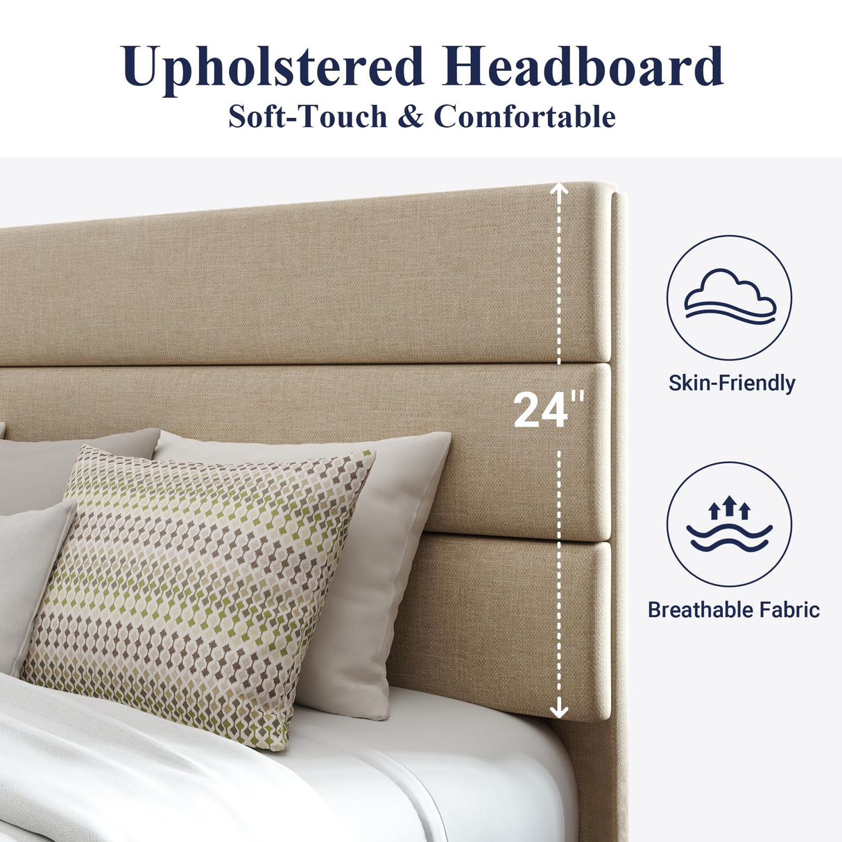 Allewie Queen Size Platform Bed Frame with Fabric Upholstered Headboard and Wooden Slats Support, Fully Upholstered Mattress Foundation/No Box Spring Needed/Easy Assembly, Beige Allewie