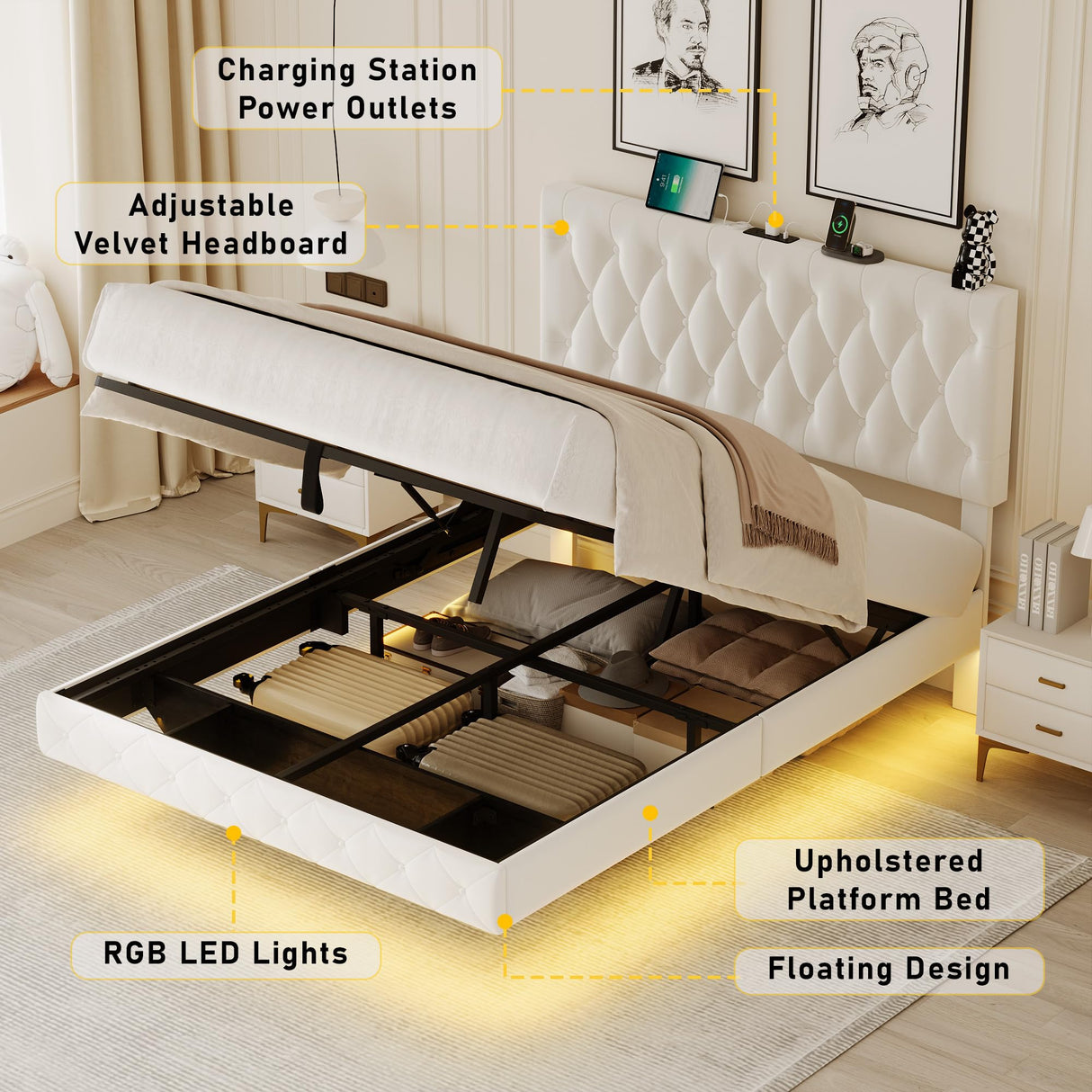 Lift Up Storage Bed Frame Queen Size Floating Bed Frame with Adjustable Headboard/LED Lights/Charging Station/Outlet,Velvet Upholstered Tufted Platform Bed Frame/Wooden Slat/No Box Spring Needed,White QPLZF