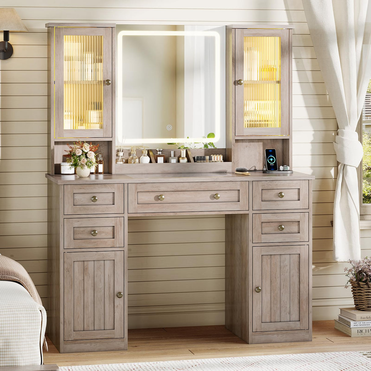 MSmask Vanity Desk with LED Mirror & 3 Color Modes, Large Makeup Vanity with 2 RGB Lights Cabinets, Glass Top Vanity Table with 5 Drawers & Power Outlet, Farmhouse Vanity, Grey MSmask