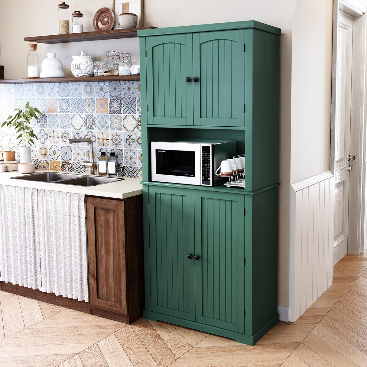 HLR 72" Kitchen Pantry Storage Cabinet, Freestanding Larder Cupboard, Kitchen Hutch Cabinet with Microwave Stand,Utility Pantry with Doors and Shelves for Dining Room, Living Room, Laundry HLR