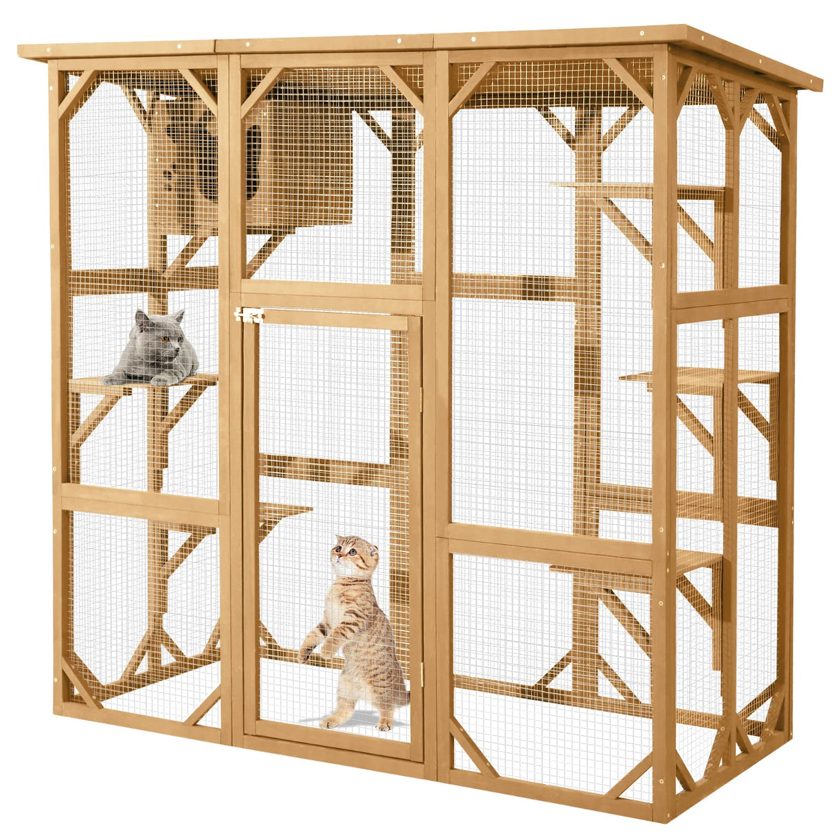 JOVNO Large Outdoor Cat House Catio Kitty Enclosure with Large Enter Door, Wooden Cat Cage Condo Indoor Playpen with 6 Platforms & Small House (Nature Wood) JOVNO