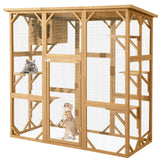 JOVNO Large Outdoor Cat House Catio Kitty Enclosure with Large Enter Door, Wooden Cat Cage Condo Indoor Playpen with 6 Platforms & Small House (Nature Wood) JOVNO