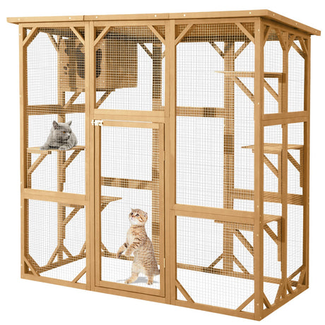 JOVNO Large Outdoor Cat House Catio Kitty Enclosure with Large Enter Door, Wooden Cat Cage Condo Indoor Playpen with 6 Platforms & Small House (Nature Wood) JOVNO