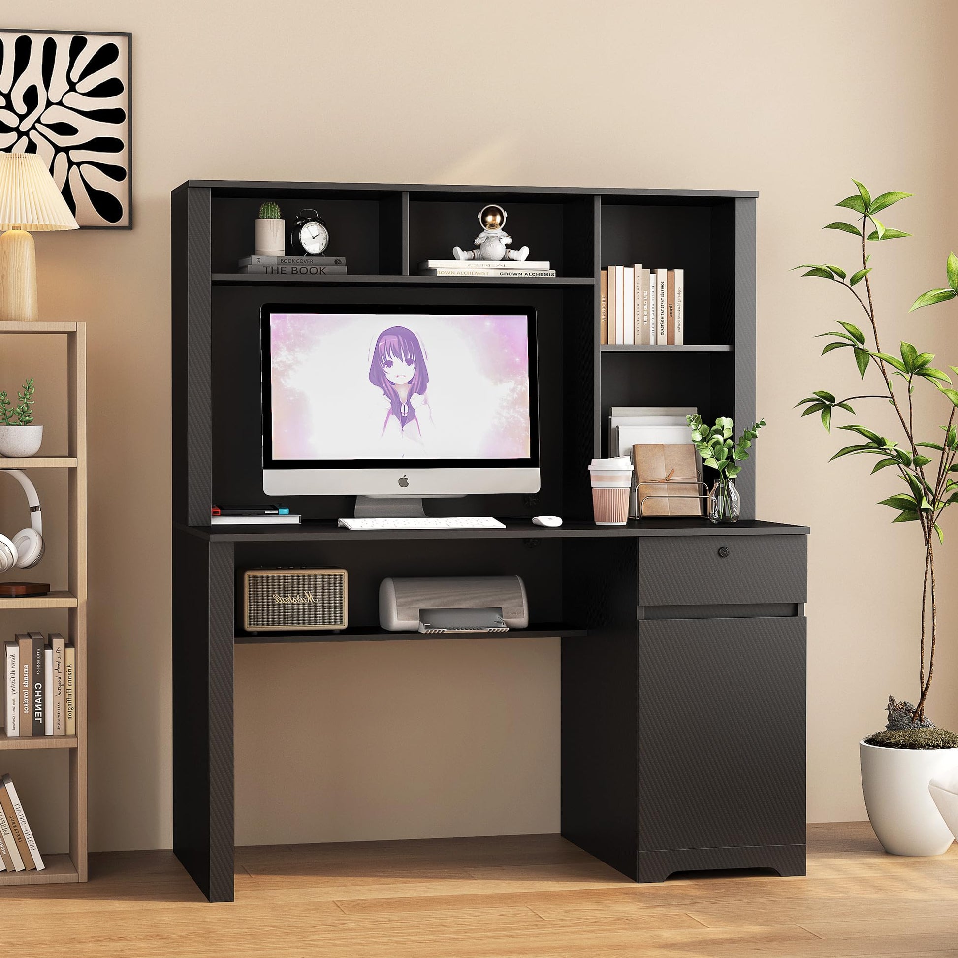 AMNOOI Black Computer Desk with Hutch & Bookshelf - Executive Style Desk with Lockable Drawer and USB Charging Ports - WoodArtSupply