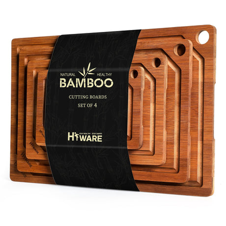 Hiware Extra Large Wood Cutting Boards - Heavy Duty Bamboo Cutting Boards for Kitchen Meal Prep & Serving, Cutting Board with Juice Groove, Thick Wooden Chopping Board, Pre Oiled, Set of 4 HIWARE